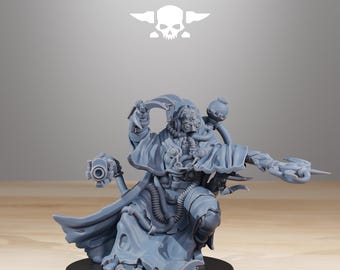 May include: A gray miniature figure of a futuristic character, kneeling with a weapon in hand. The figure has multiple mechanical attachments and is wearing a long robe. The base is black, and the text "STATIONFORGE" is at the top.