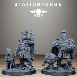 May include: Two grey resin miniature figures of military officers in uniform with capes, medals, and gas masks or open mouths, each accompanied by a canine companion on a circular base, with the text STATIONFORGE and a skull logo above them.