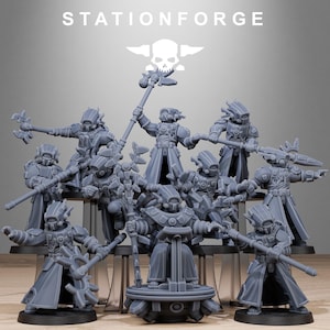 May include: A group of grey miniature figurines, each representing a futuristic warrior with detailed armour and weaponry. The figures are arranged on a display, with the "STATIONFORGE" logo and a skull emblem visible at the top.