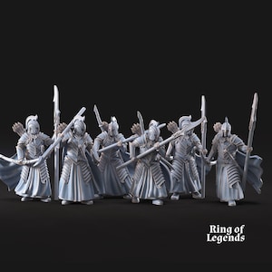 May include: A set of six miniature figurines depicting armoured warriors in long robes, each wearing a crested helmet and carrying a tall spear and a quiver of arrows on their back. The text Ring of Legends is printed in white in the bottom right corner.