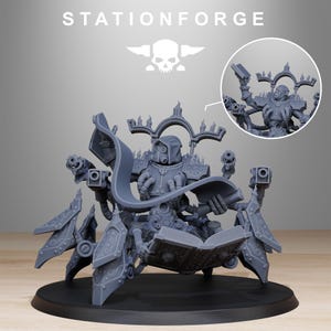 May include: A grey miniature figure with multiple arms, a hooded helmet, and a respirator, holding a book. The figure is mounted on a wheeled base. The word "STATIONFORGE" is printed above the figure, along with a skull and wings logo.