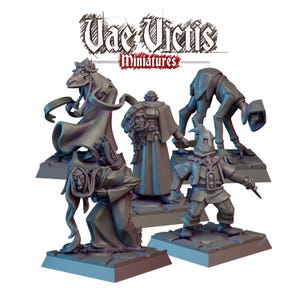 Könnte beinhalten: Eine Sammlung grauer Miniaturfiguren, die Fantasy-Charaktere darstellen. Die Figuren stehen auf quadratischen Sockeln. Der Text "Vae Victis Miniatures" ist oben im Bild zu sehen.