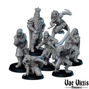 May include: A collection of gray miniature figurines depicting fantasy characters. The figures include a king, hooded figures, and warriors in dynamic poses, some with weapons. The miniatures are on black bases, with the "Vae Victis Miniatures" logo at the bottom.
