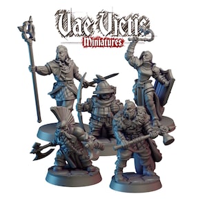 Puede incluir: Un conjunto de figuras de fantasía en miniatura grises, que incluyen un guerrero con un bastón, un caballero con un escudo y un enano con un hacha. Las figuras están sobre una base circular. El texto "Vae Victis Miniatures" está en la parte superior.