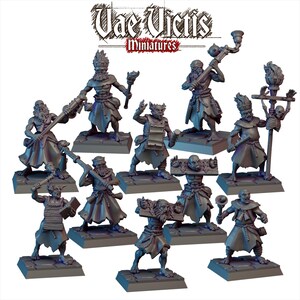 Puede incluir: Colección de figuras de fantasía en miniatura, cada una sobre una base cuadrada. Las figuras están en varias poses, algunas sosteniendo armas o antorchas. La paleta de colores es principalmente gris, con detalles que sugieren ropa y rasgos faciales. El texto "Vae Victis Miniatures" está en la parte superior.