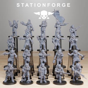 May include: A group of grey miniature soldier figurines, each with detailed armour and weaponry, displayed on black stands. The text "STATIONFORGE" and a skull logo are at the top. The figurines are in various action poses.