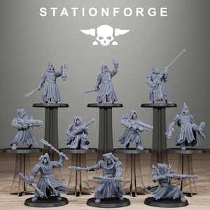 May include: A collection of ten grey resin miniature figures from StationForge, each wearing hooded robes and armor. The figures are posed in various combat stances, holding weapons such as rifles, staffs, and lanterns, standing on black circular bases.