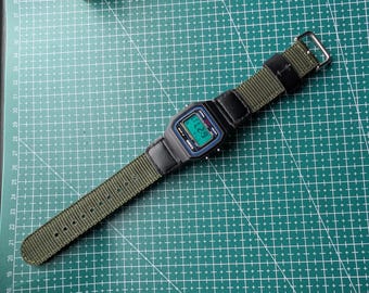 Custom Casio F-91W Watch | Olive Green Tactical Nylon Strap, Retro Digital Style