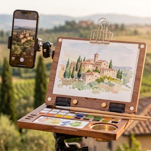 以下が含まれることがあります： 水彩絵の具パレットが組み込まれた木製のポータブルアートイーゼル。風景画を留める金属製クリップと、側面にスマートフォンホルダーが付いています。イーゼルは黒い三脚に取り付けられており、パレットの上には2本の絵筆が置かれています。