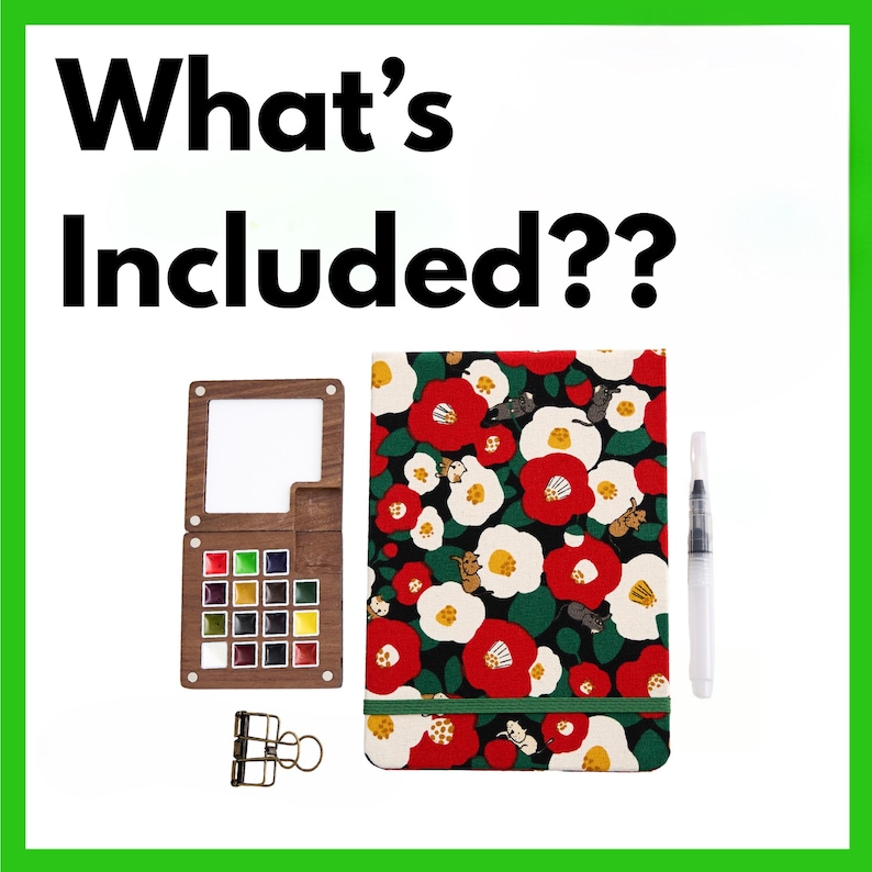 May include: A watercolor painting kit with the text "What's Included??" includes a wooden palette with watercolor paints, a floral-patterned notebook, a water brush, and a binder clip. The notebook features red and white flowers on a black background.
