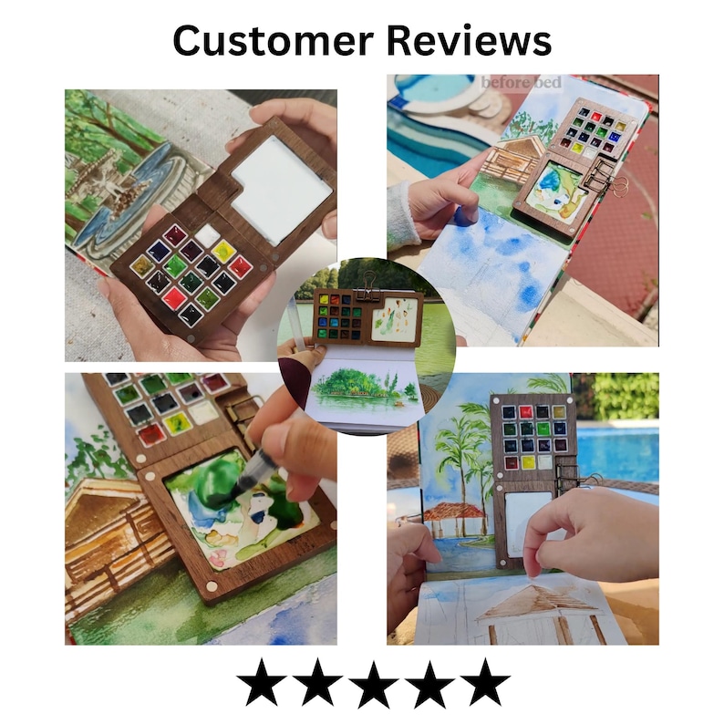 May include: A wooden watercolor paint set with a built-in palette and a selection of vibrant colors. The set is shown open, with a small watercolor painting in progress. The image includes the text "Customer Reviews" and five black stars.