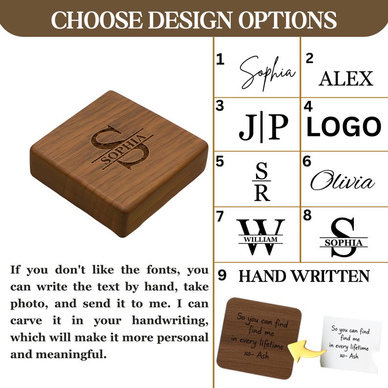 May include: A wooden box with a personalized design. The box is brown and square, with the name "SOPHIA" engraved on the top. The image also shows design options, including names and logos, and text that says "CHOOSE DESIGN OPTIONS".