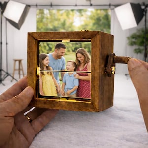 May include: A wooden photo frame with a family portrait inside. The frame has a rustic, aged appearance and a small crank on the side. The family in the photo is smiling and laughing. The frame is held by a person.