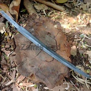 Può includere: Una lunga lama color argento con superficie strutturata, appoggiata su un ceppo d'albero marrone e usurato. Il testo "Zamie wzd" è visibile sul ceppo. La lama è circondata da legno e fogliame.