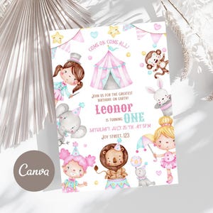 May include: A watercolor circus-themed birthday invitation with the text "Come on, come all!" and "Leonor is turning one." The design includes illustrations of circus animals, a circus tent, and party decorations. The invitation is in pink, blue, and yellow.