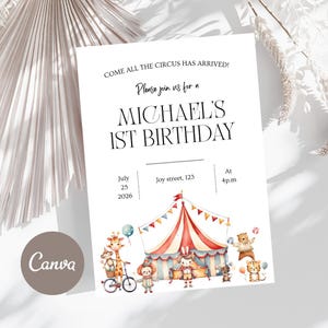 Op de afbeelding: Een witte uitnodigingskaart met de tekst "COME ALL THE CIRCUS HAS ARRIVED!" en "MICHAEL'S 1ST BIRTHDAY". De kaart toont een illustratie van een circustent met dierenfiguren en de datum 25 juli 2026.