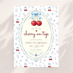 Pode incluir: Um convite em aquarela com tema de cereja. O texto "She is the cherry on top" é exibido em script vermelho. O convite inclui detalhes para o 1º aniversário de Emma, com data de 25 de julho às 16h e um endereço.