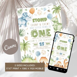 Inbjudan till dinosaurie med 2-års födelsedag, pojke, Stomp Chomp Chew dinosaurieinbjudan, redigerbar mall, två snabba dinosauriefest, utskrivbar 5x7 och mobilinbjudan
