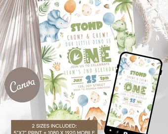 Dinosaur 2nd Birthday Invitation Boy, Stomp Chomp Chew Dino Invite Editable Template, Two Fast Dinosaur Party, Printable 5x7 & Mobile Invite