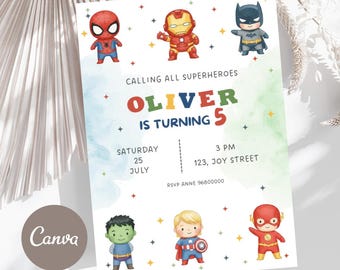 Fun Superhero Birthday Invitation | Superheroes Watercolor Party Invitation | Editable Printable | 5x7 Inches