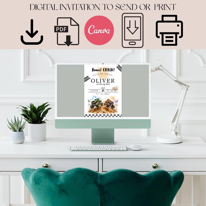 May include: A digital invitation design displayed on a computer screen. The invitation features the text "Boom! Crash!" and "Oliver" with event details. The screen is on a white desk with a green chair and a desk lamp.