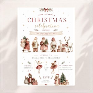 Könnte beinhalten: Eine Einladungskarte für eine Weihnachtsfeier mit Aquarellillustrationen von Weihnachtsmann, Rentieren, Ballerinas und Teddybären. Der Text lautet: Please join us for a Christmas celebration hosted by The Anderson Family, 14. Dezember um 17:00 Uhr.