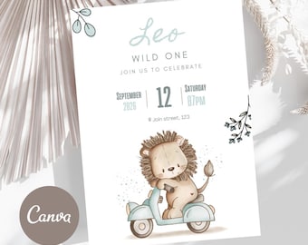 Wild One Birthday Invitation, Lion 1st Birthday Invitation, Wild One Invitation Printable, 1st Birthday Boy, Boy Birthday Invitation Green Lion