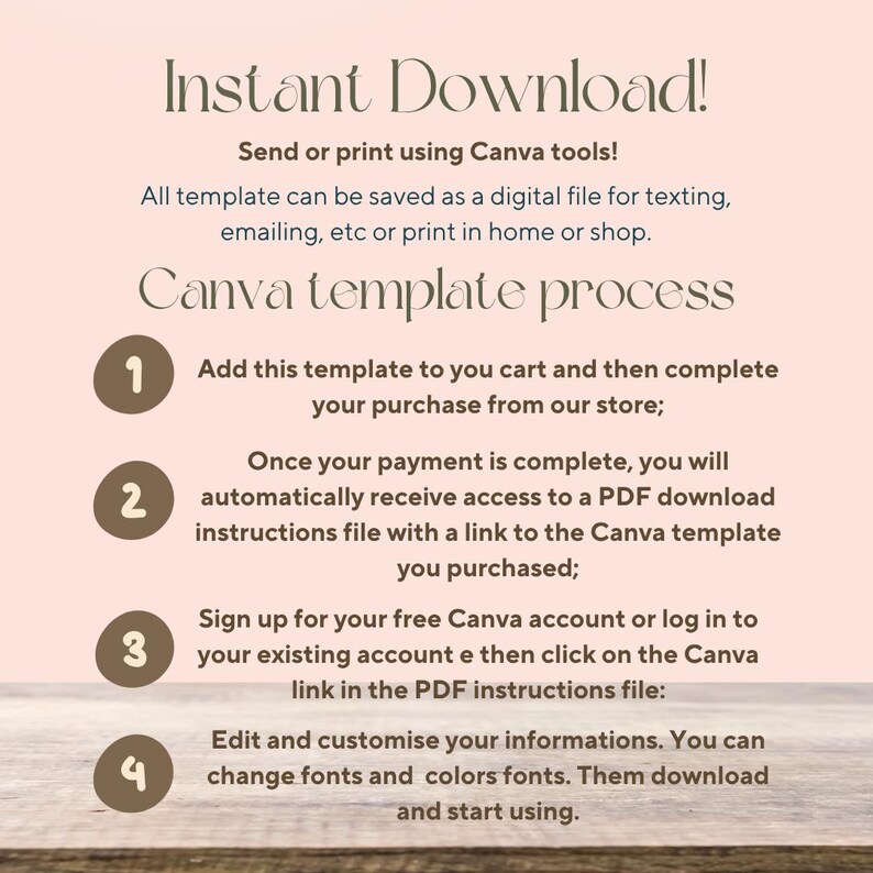 May include: A digital download graphic with instructions for using a Canva template. The text includes "Instant Download!" and steps for purchasing, accessing, and customizing the template. The background is a soft pink.