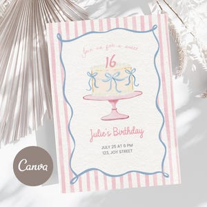 Puede incluir: Una invitación de cumpleaños con un diseño de acuarela. La invitación presenta un pastel con lazos azules, el número 16 y el texto "Julie's Birthday". El fondo tiene rayas rosas y blancas con un borde azul. El logotipo de Canva está en la esquina inferior izquierda.