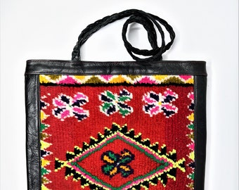 Morocco: Handmade Recycled Vintage Carpet & leather tote / large handbag / red black / Upcycled rug / Home decor / bohemian boho accessory