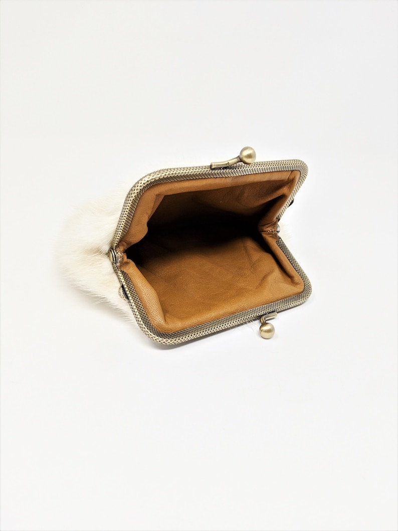 Vintage recycled mink fur wallet Upcycled genuine fur Antique vintage frame fluffy furs natural offwhite Sustainable fashion boho