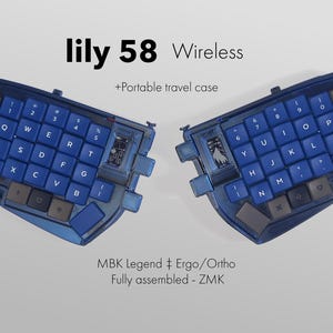 May include: A split, ergonomic "lily 58" wireless keyboard in blue. The keyboard features blue keycaps with white lettering, and a portable travel case. The text "lily 58 Wireless" is displayed above the keyboard. The keyboard is fully assembled.