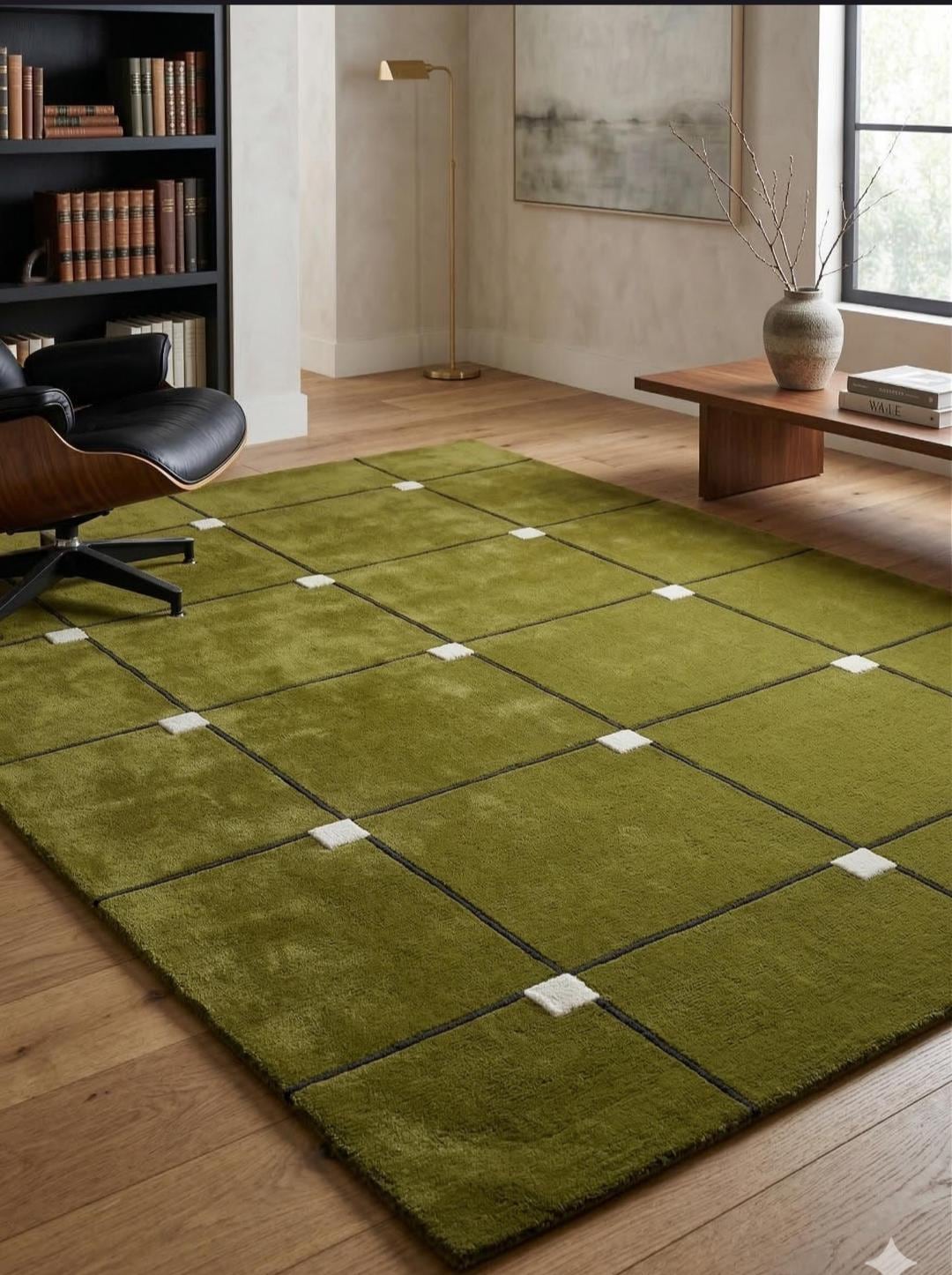 Olive Green 8x10 Hand Tufted Wool Rug, Modern Grid Pattern Rug With ...