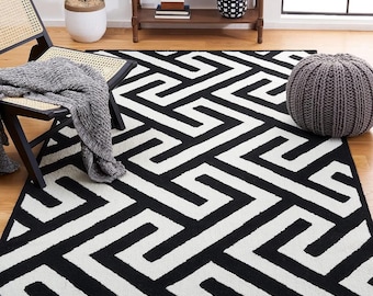Black and White Geometric Hand Tufted Rug, 6x8 8x10 9x12 Modern Greek Key Area Rug, Luxury Wool Carpet for Living Room Bedroom Office Decor
