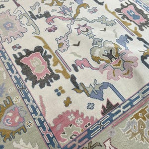 8x10 Elfenbein Blau Rosa Oushak Teppich, Handgeknüpfter Wollteppich Weicher Pastellbereich Teppich, Großer Wohnzimmer Schlafzimmer Teppich, Orientalischer Blumenmuster Luxus Teppich