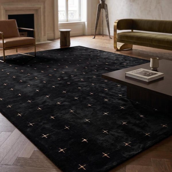 11x11 Hand Tufted Black Wool Area Rug, Modern Minimalist Geometric Cross Pattern Carpet, Luxury Custom Handmade Living Room Bedroom Rug