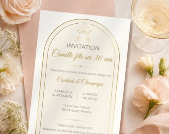 Convite para festa de 30 anos com champanhe e coquetéis | Convite elegante e editável (Canva) | Convite digital para uma festa sofisticada