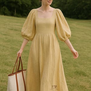 Linen Puff Sleeve Dress – Square Neck Midi Linen Dress – Cottagecore Summer Dress – Minimalist Linen Clothing for Women