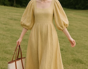 Linen Midi Dress – Puff Sleeve Square Neck, Cottagecore Clothing