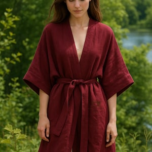 Linen Kimono Robe, Custom Fit Bathrobe, Handmade Natural Fiber Dressing Gown, Personalized Linen Loungewear