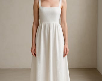 White Linen Sundress - Open Back Midi/Maxi Dress, Handmade Resort Wear
