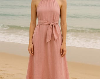Boho Linen Halter Maxi Dress - Adjustable Tie Waist, Custom Made