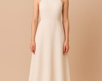 Linen Halter Maxi Dress - Backless Beige Summer Sundress, Custom made