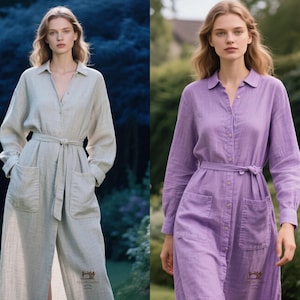 Linen Shirt Dress - Belted Maxi with Pockets, Custom Colors, Custom made