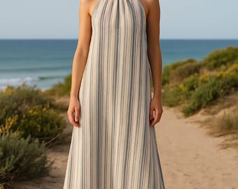 Linen Maxi Dress - Bohemian Halter Cross-Back Summer Dress, custom made