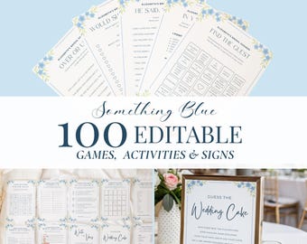 100 Dusty Blue Floral Bridal Shower Games & Activities Bundle (Canva Editable)