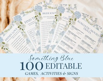 100 Blue Hydrangea Bridal Shower Games Bundle (Canva Editable)