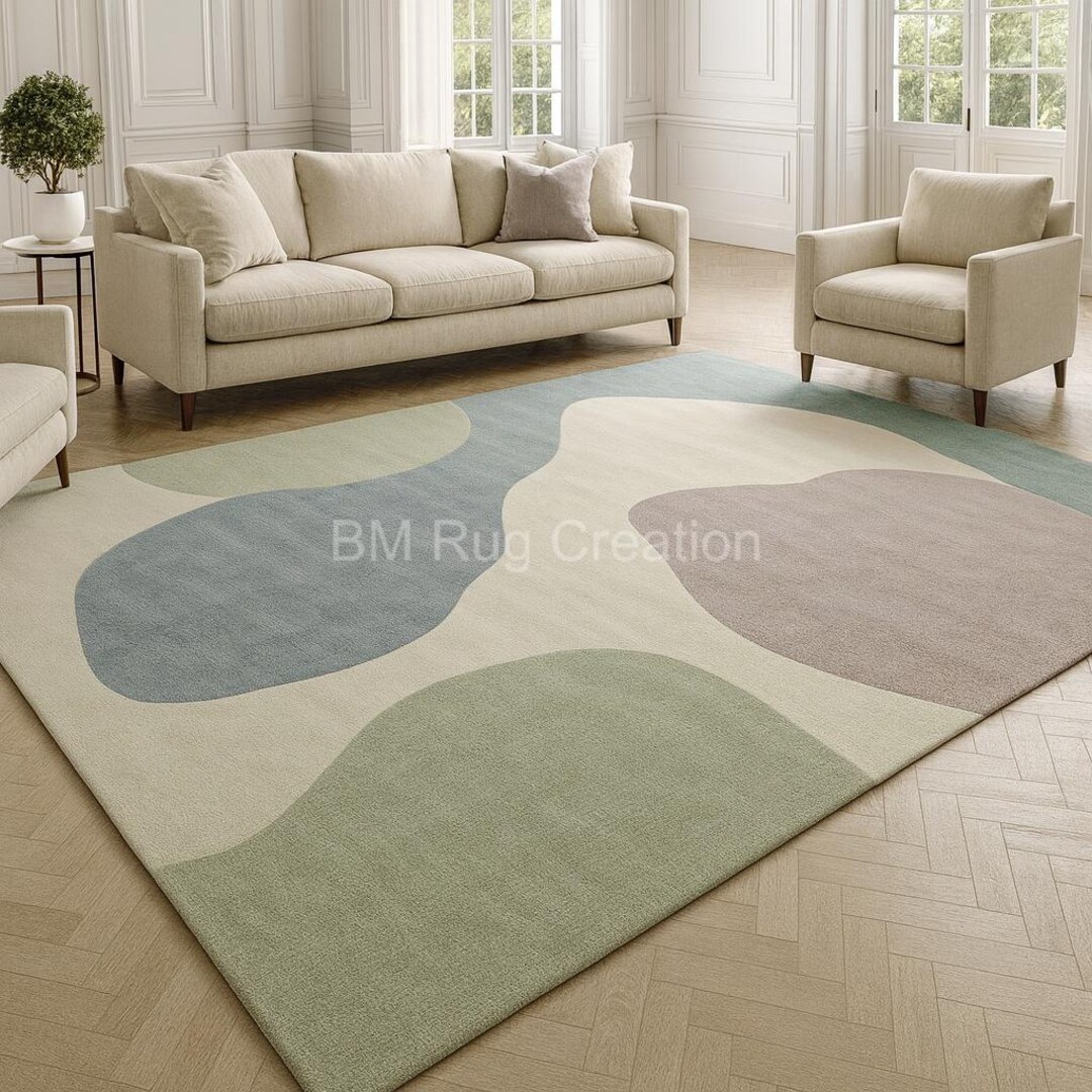 Modern Abstract Pastel Area Rug – Handmade Soft Wool Carpet in Green ...