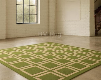 Hand Tufted Wool Rug: Modern Green Beige Checkerboard Carpet