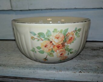 Vintage Ribbed Mixing Bowl Hall Pottery Pink Rose Pattern Farmhouse Kitchen Vintage Ribbed Mixing Bowl Hall Pottery Pink Rose Pattern Farmhouse Kitchen